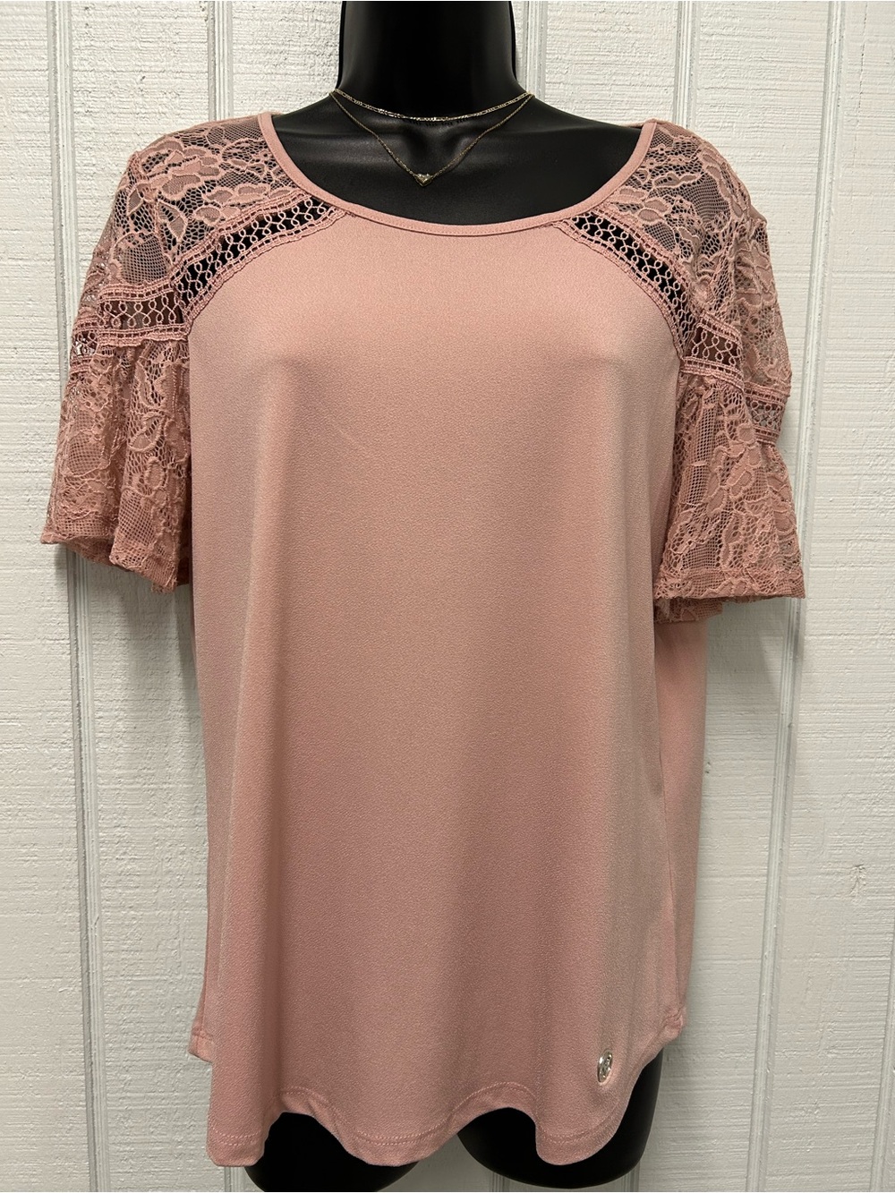 Adrienne Vittadini Blush Pink Lace Sleeve Short-Sleeve Top